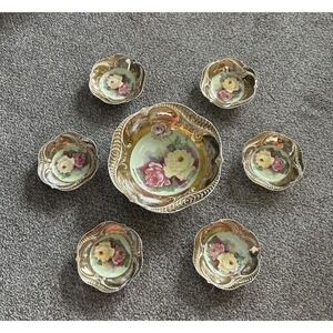 7-PC Antique Hand Painted Nippon Floral & Gold Nut Bowl & 6 Salt‎ Cellar Dishes